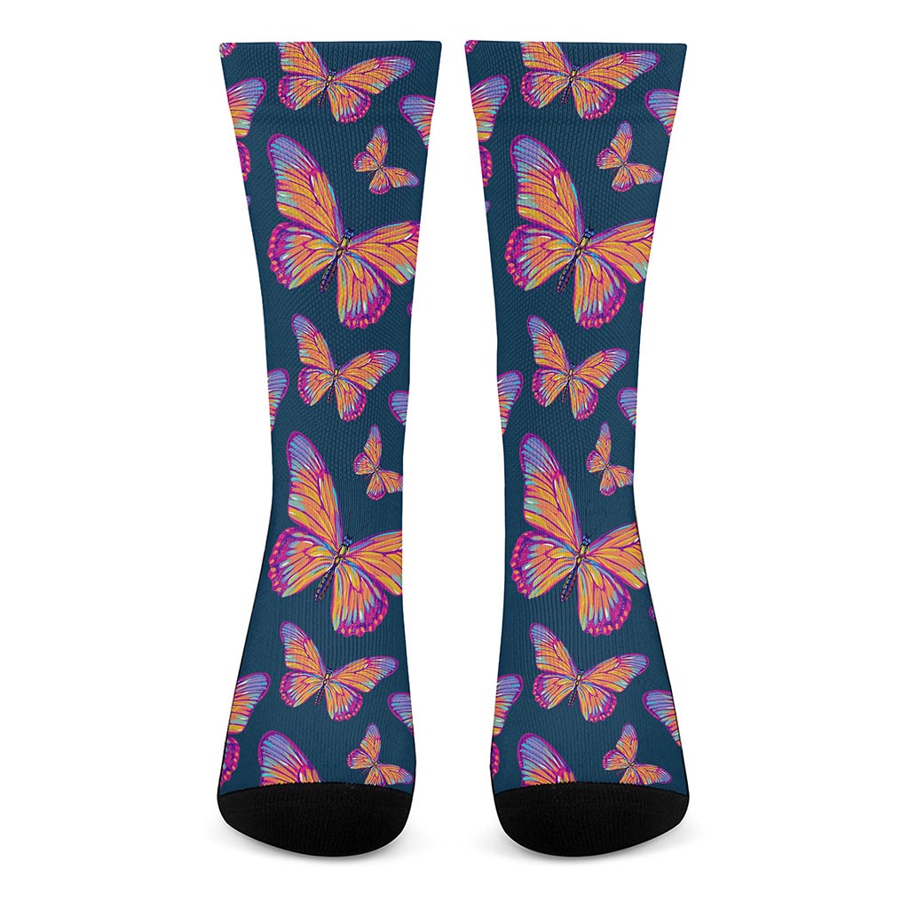 Orange And Purple Butterfly Print Crew Socks