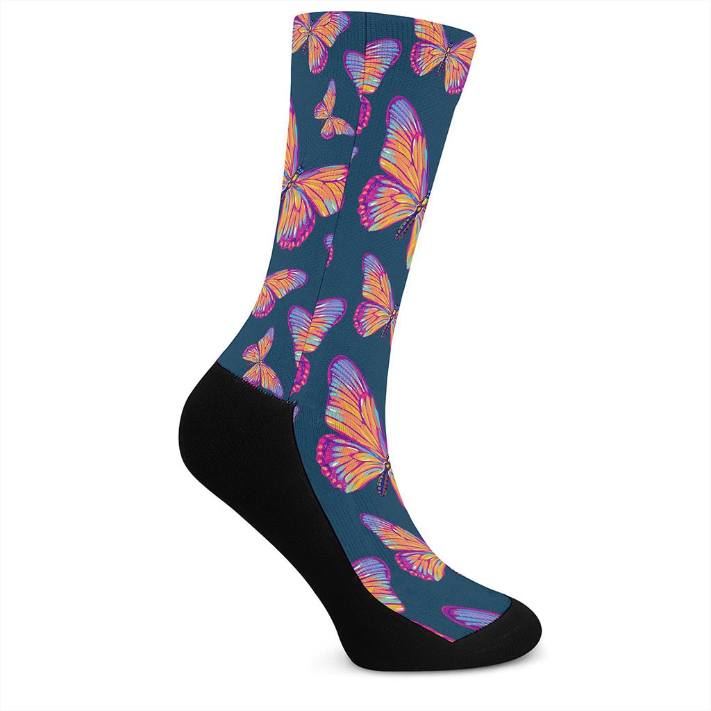 Orange And Purple Butterfly Print Crew Socks