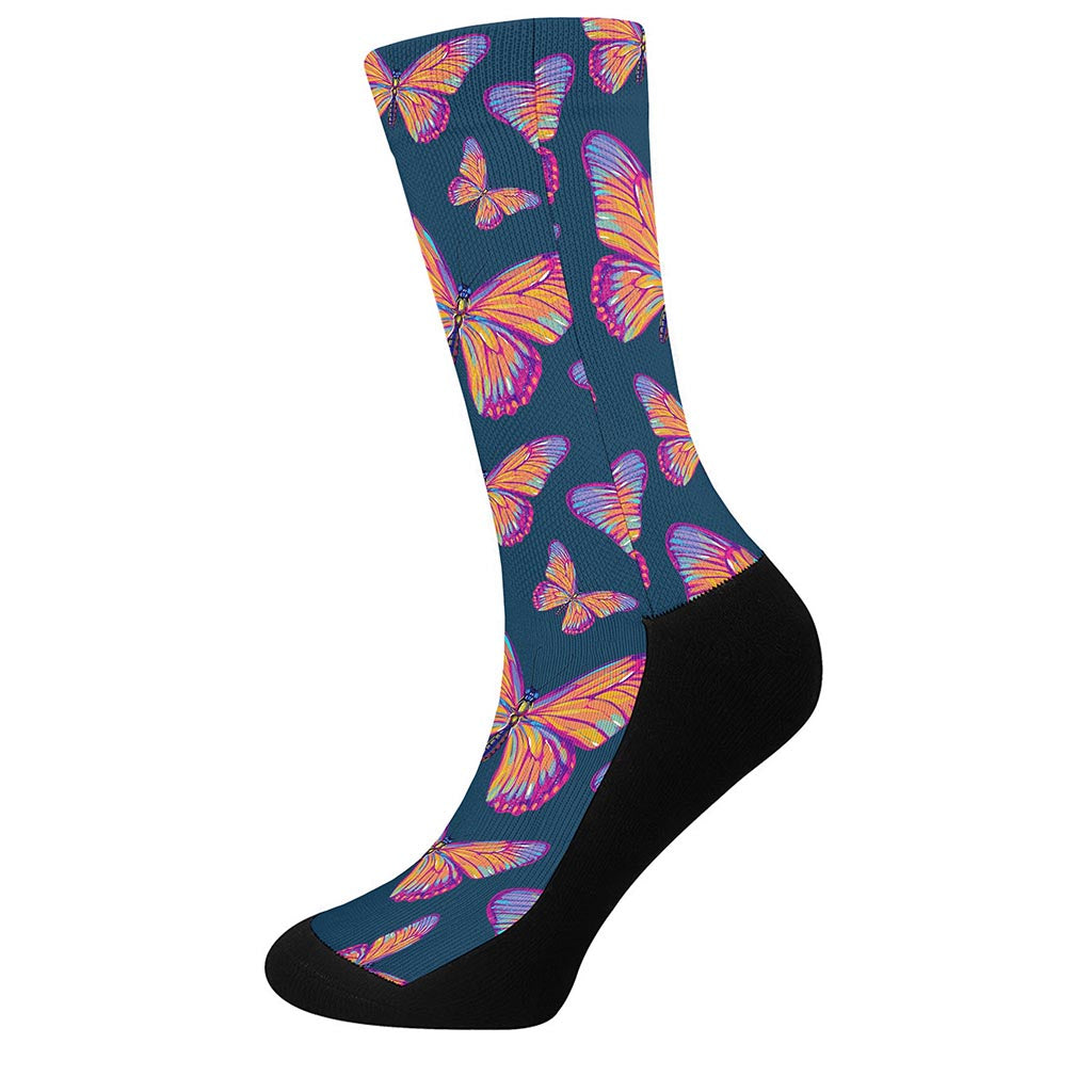 Orange And Purple Butterfly Print Crew Socks