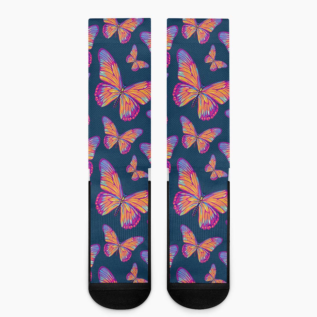 Orange And Purple Butterfly Print Crew Socks