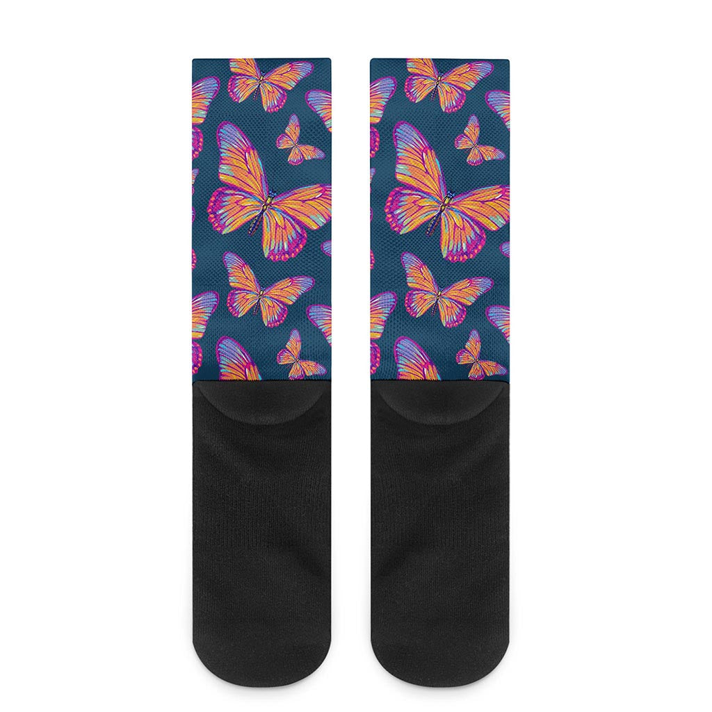 Orange And Purple Butterfly Print Crew Socks