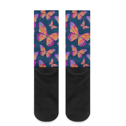 Orange And Purple Butterfly Print Crew Socks