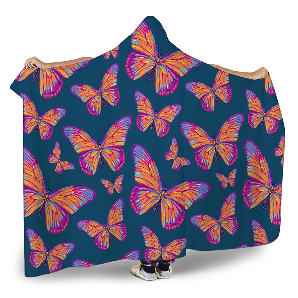 Orange And Purple Butterfly Print Hooded Blanket