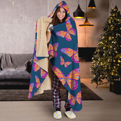 Orange And Purple Butterfly Print Hooded Blanket