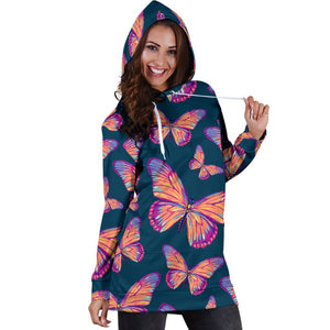 Orange And Purple Butterfly Print Hoodie Dress GearFrost