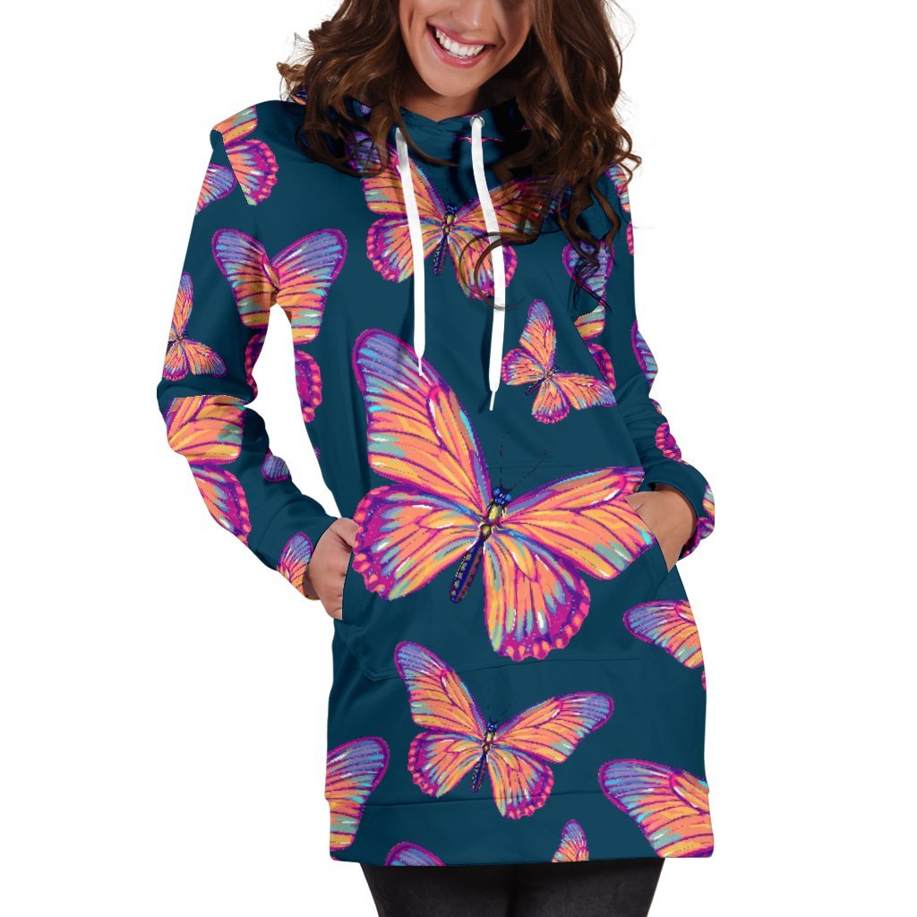 Orange And Purple Butterfly Print Hoodie Dress GearFrost