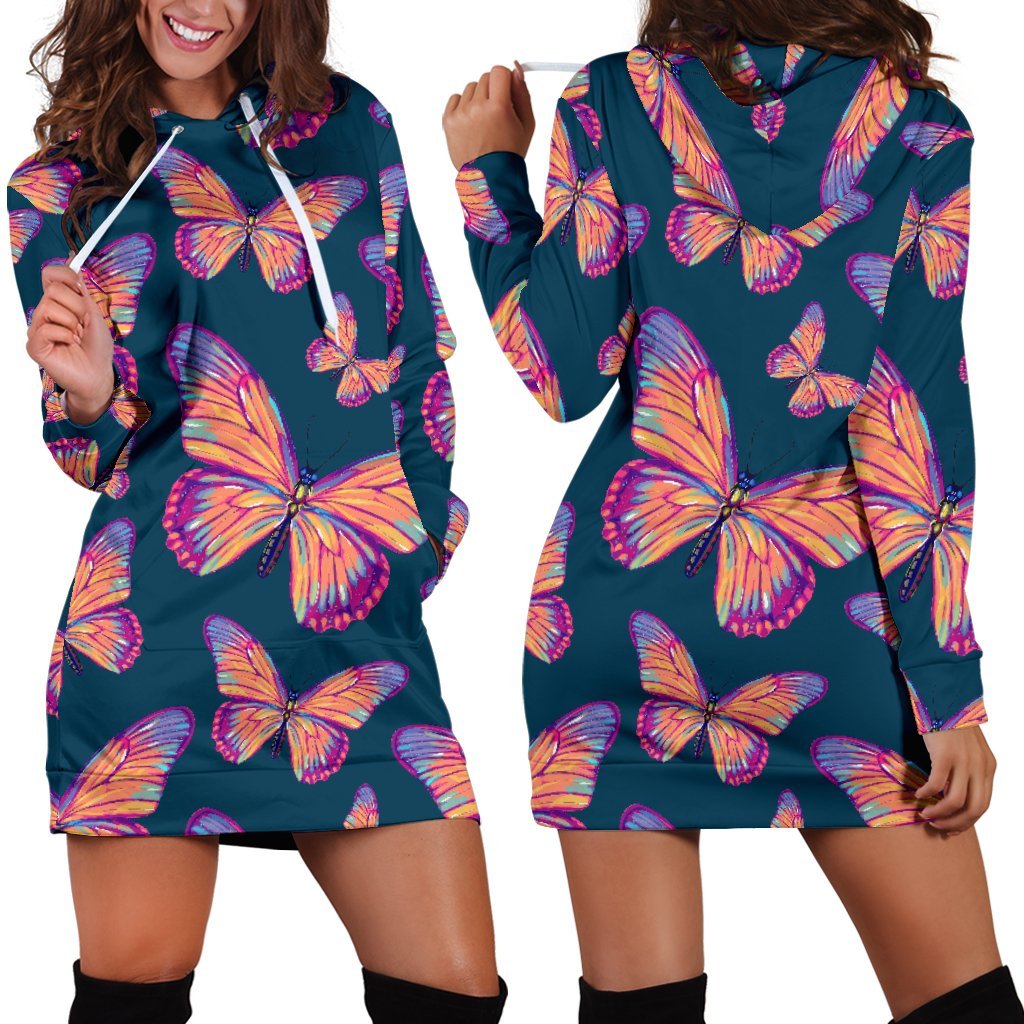 Orange And Purple Butterfly Print Hoodie Dress GearFrost