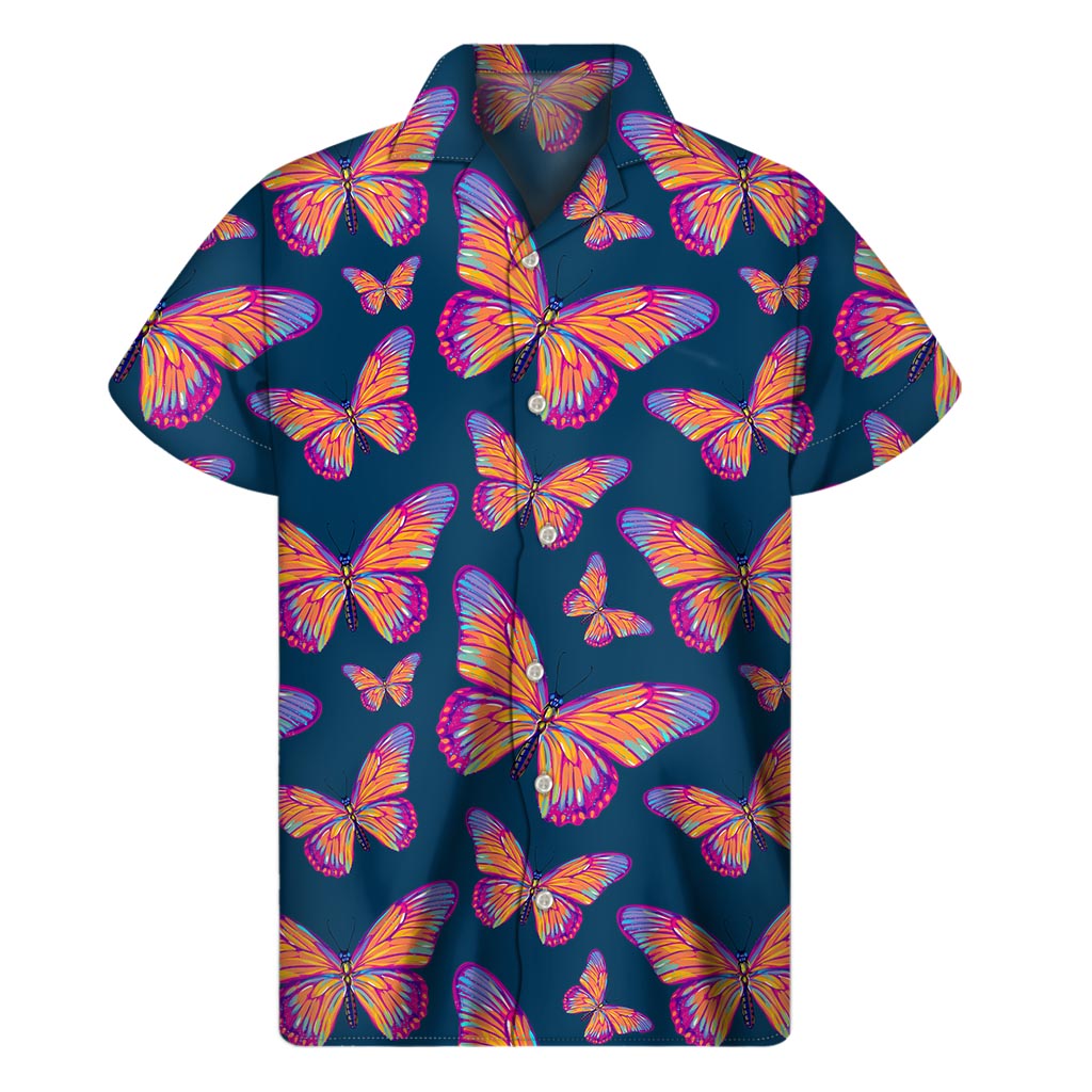Orange And Purple Butterfly Print Men's Short Sleeve Shirt