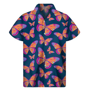 Orange And Purple Butterfly Print Men's Short Sleeve Shirt