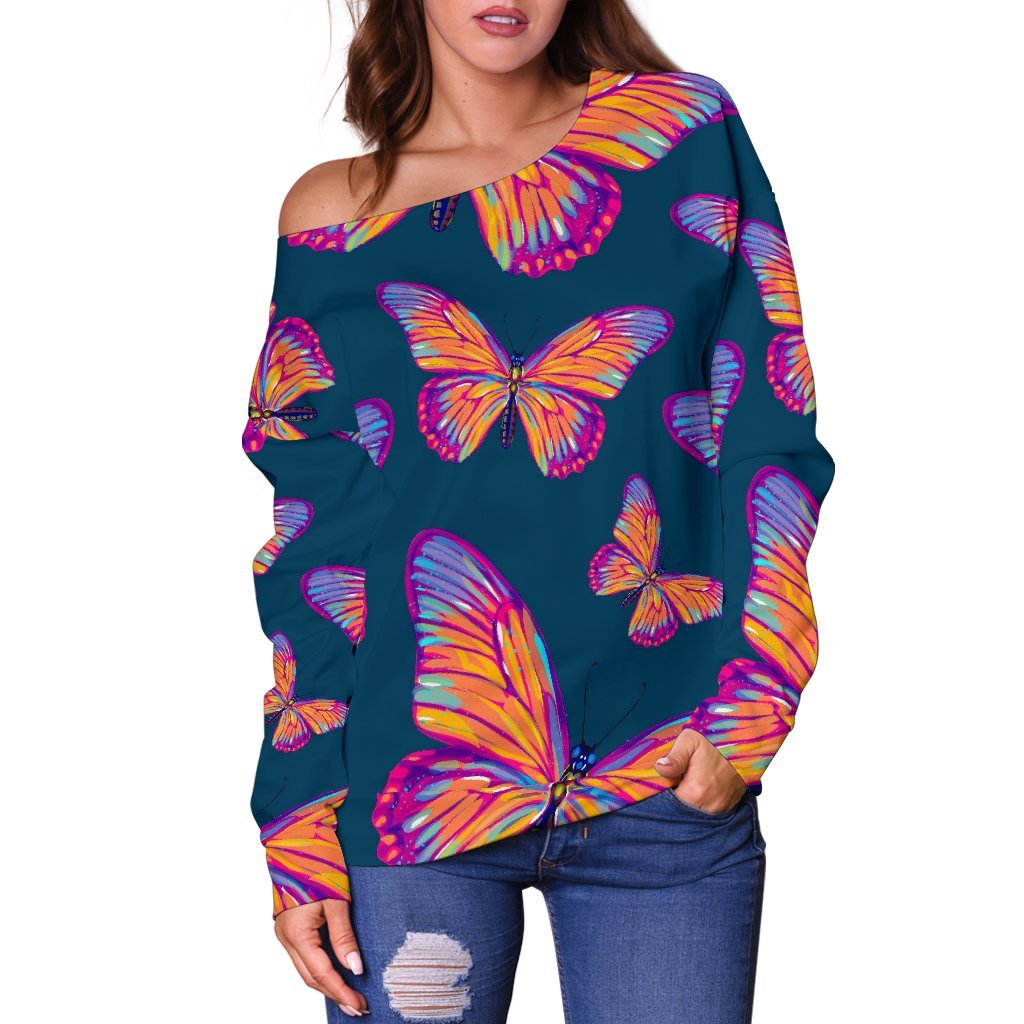 Orange And Purple Butterfly Print Off Shoulder Sweatshirt GearFrost