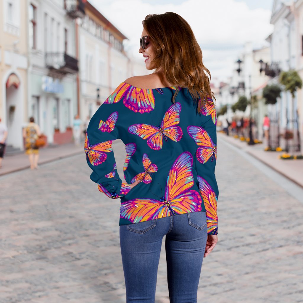 Orange And Purple Butterfly Print Off Shoulder Sweatshirt GearFrost