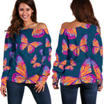 Orange And Purple Butterfly Print Off Shoulder Sweatshirt GearFrost