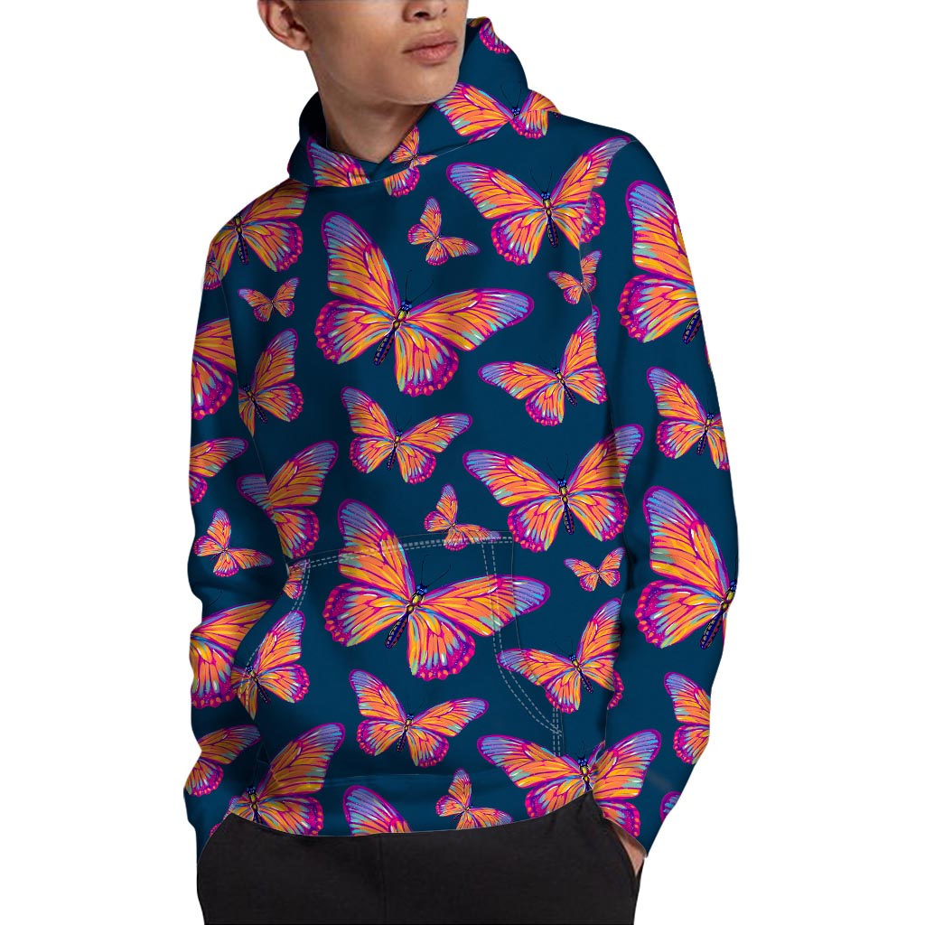 Orange And Purple Butterfly Print Pullover Hoodie