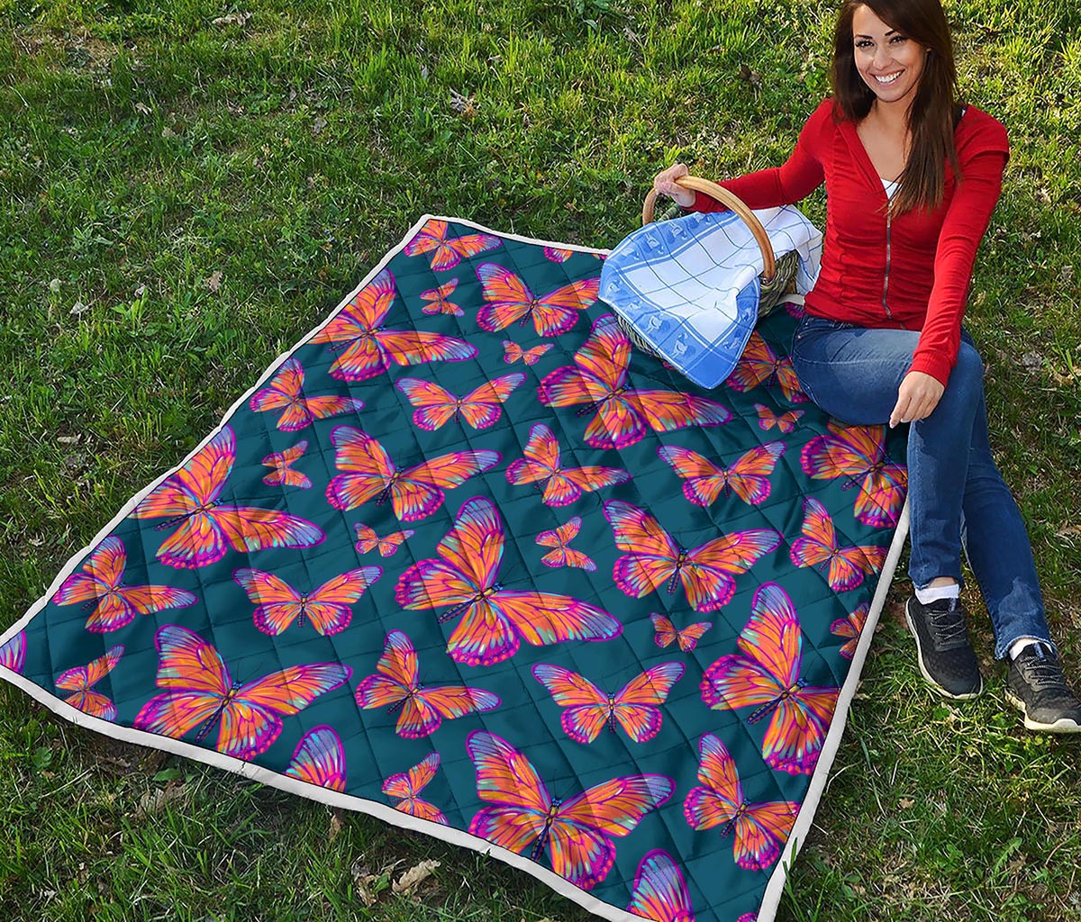 Orange And Purple Butterfly Print Quilt