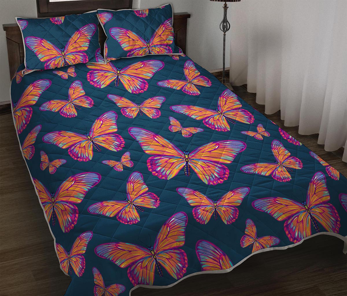 Orange And Purple Butterfly Print Quilt Bed Set