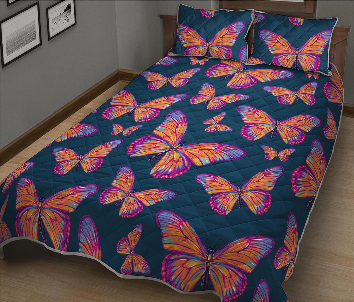 Orange And Purple Butterfly Print Quilt Bed Set