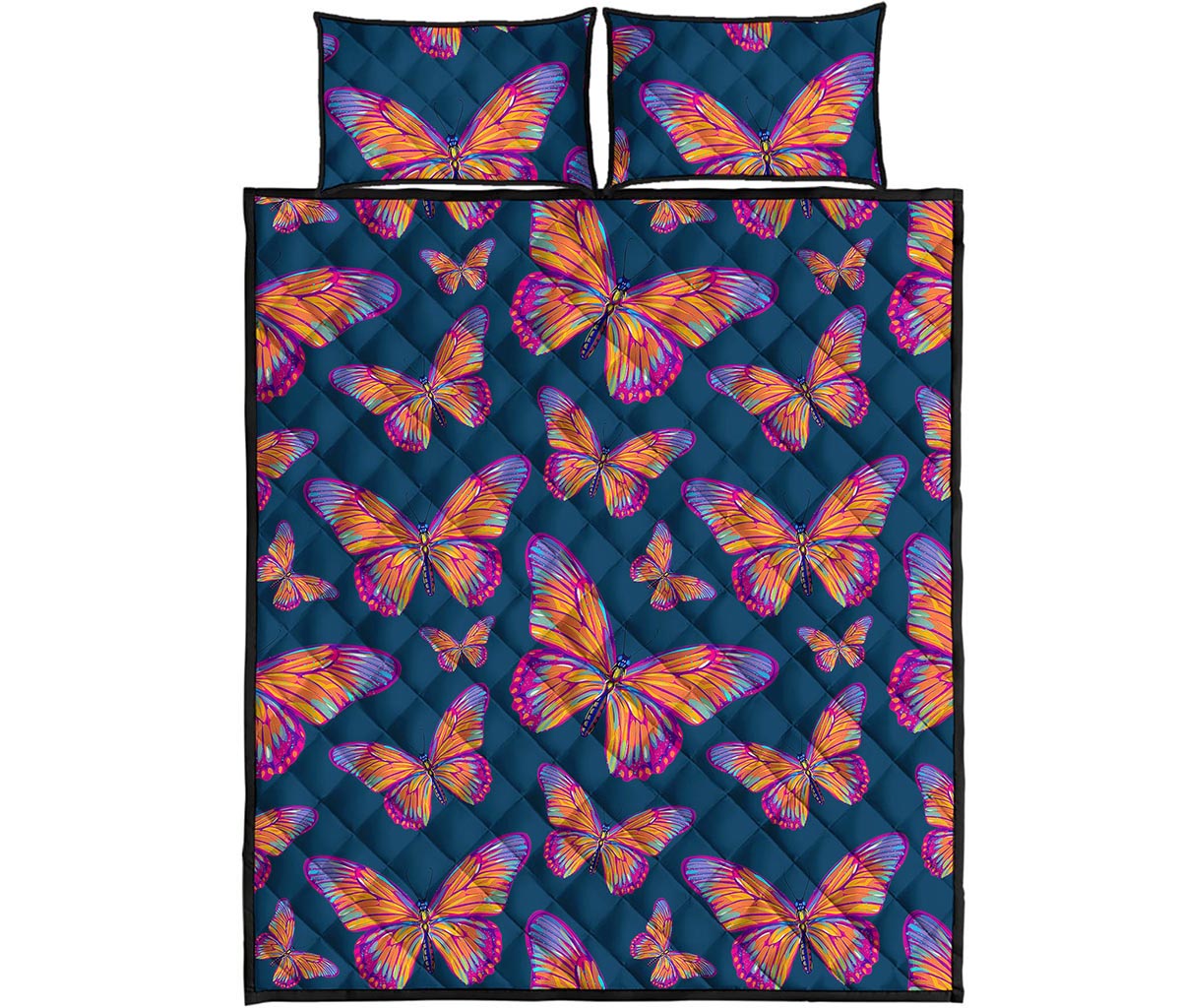 Orange And Purple Butterfly Print Quilt Bed Set
