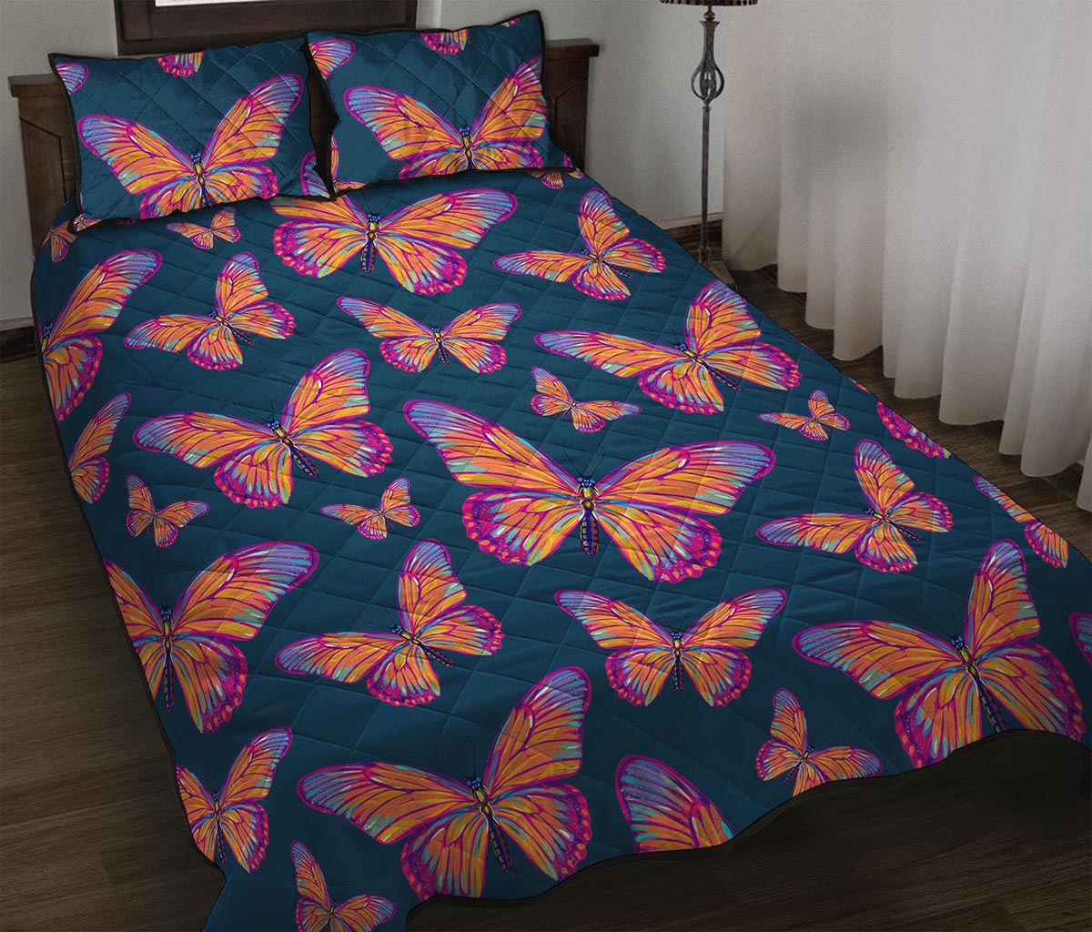 Orange And Purple Butterfly Print Quilt Bed Set