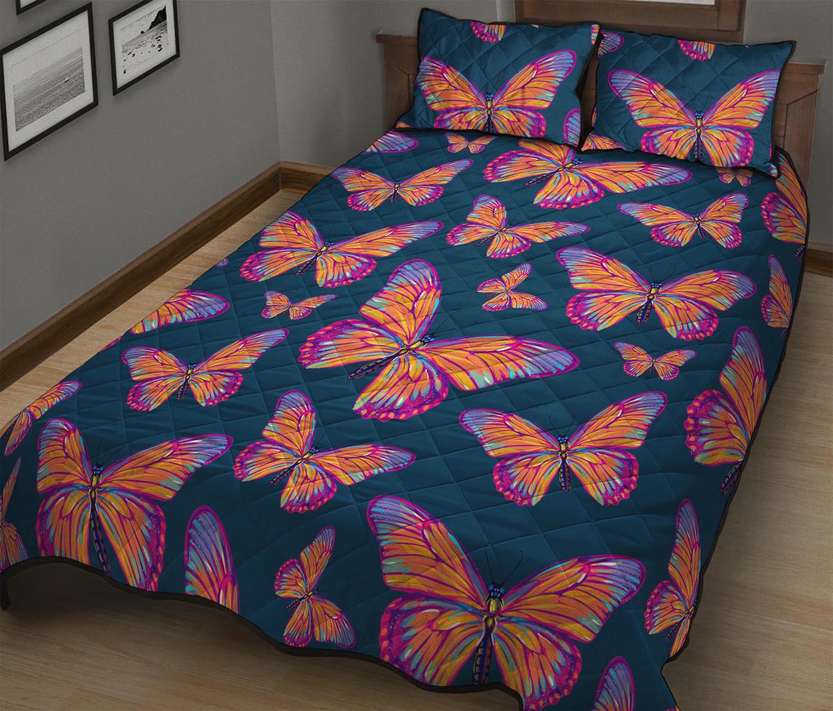 Orange And Purple Butterfly Print Quilt Bed Set