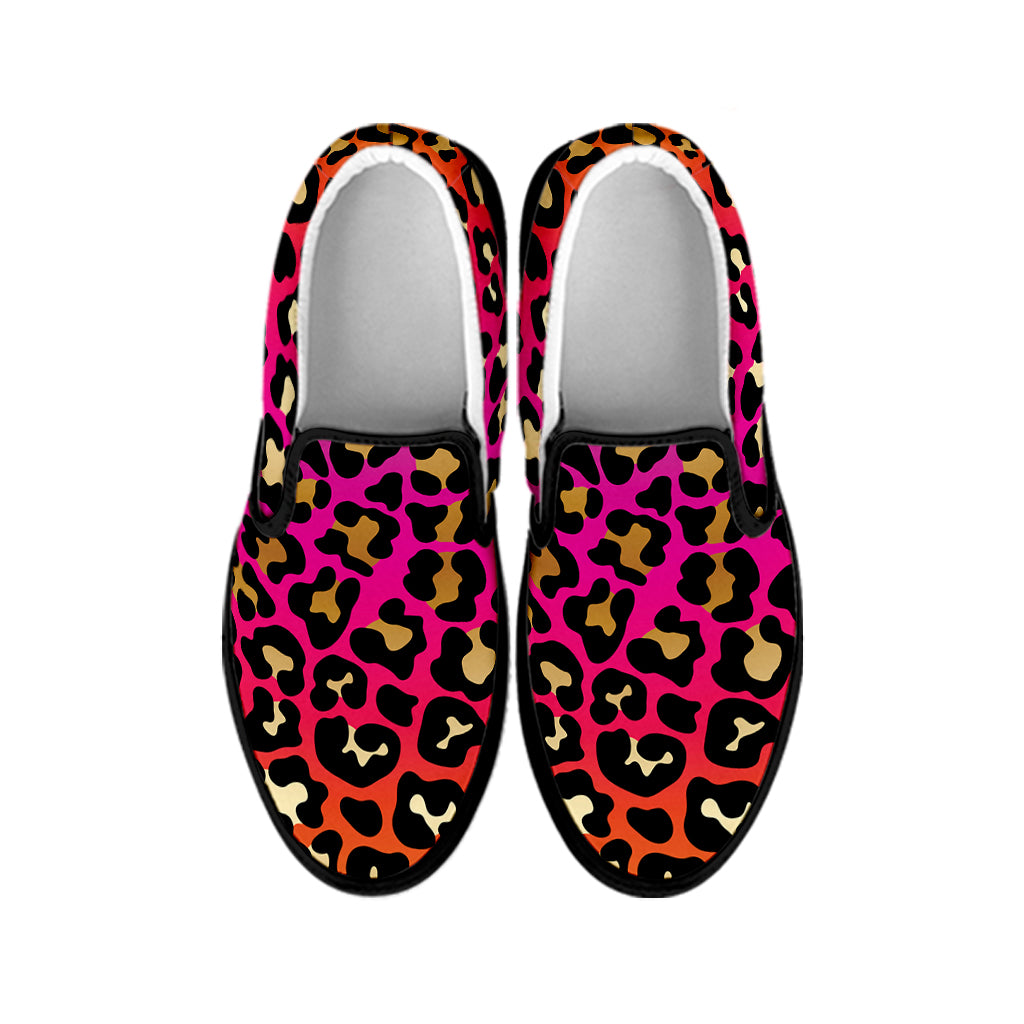 Orange And Purple Leopard Print Black Slip On Shoes
