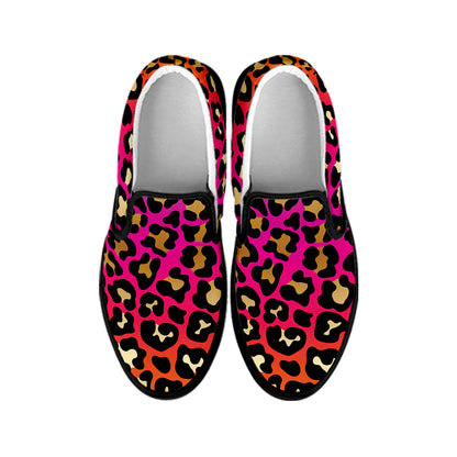 Orange And Purple Leopard Print Black Slip On Shoes
