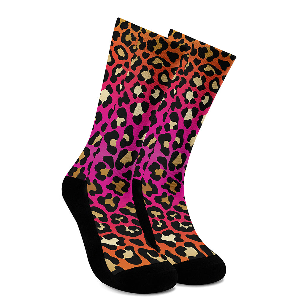 Orange And Purple Leopard Print Crew Socks