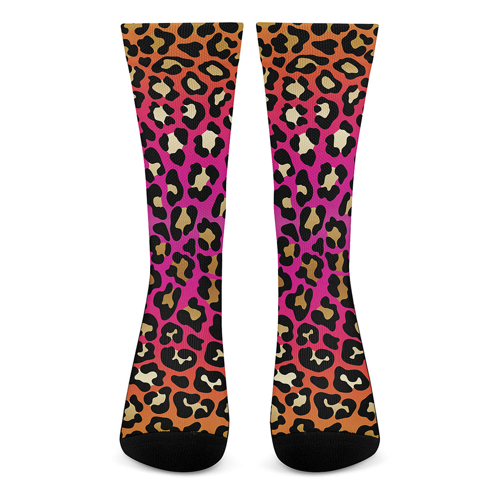 Orange And Purple Leopard Print Crew Socks