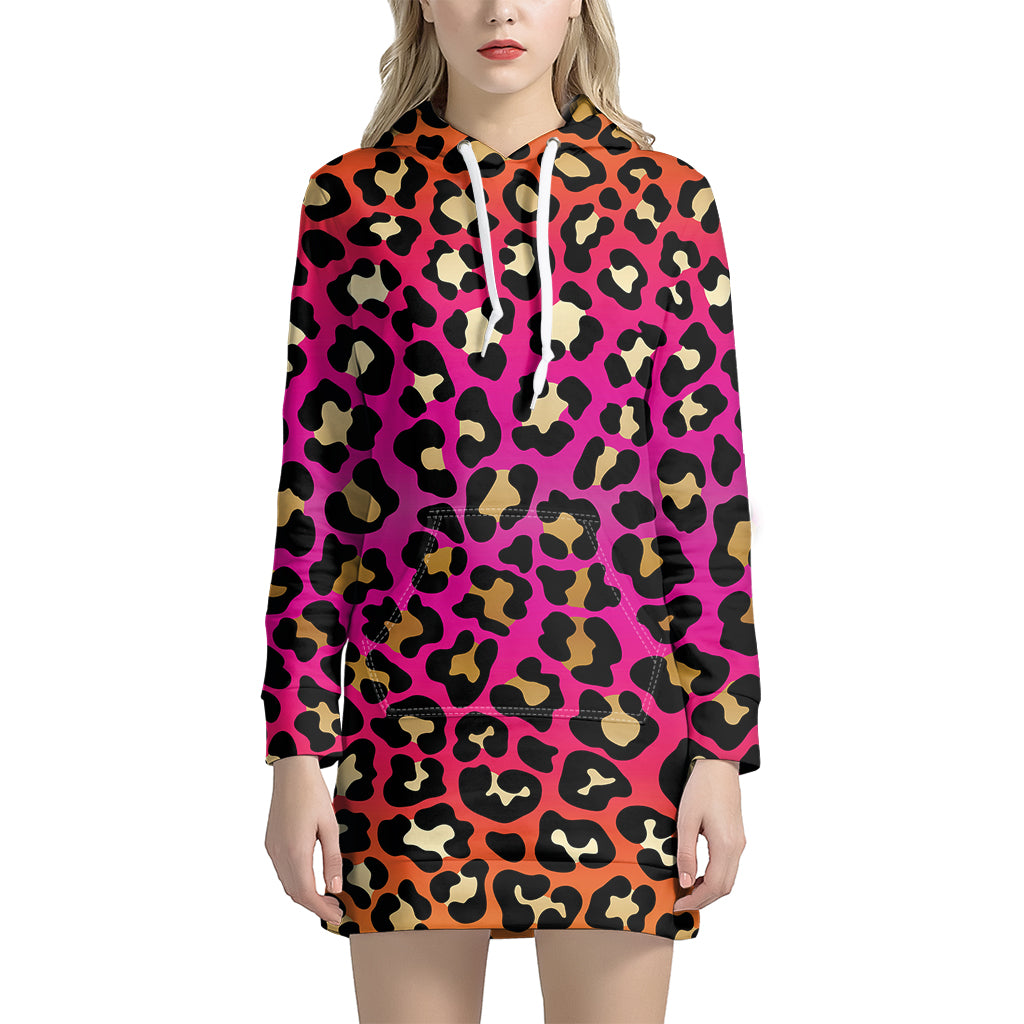 Orange And Purple Leopard Print Hoodie Dress