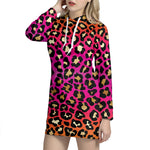 Orange And Purple Leopard Print Hoodie Dress