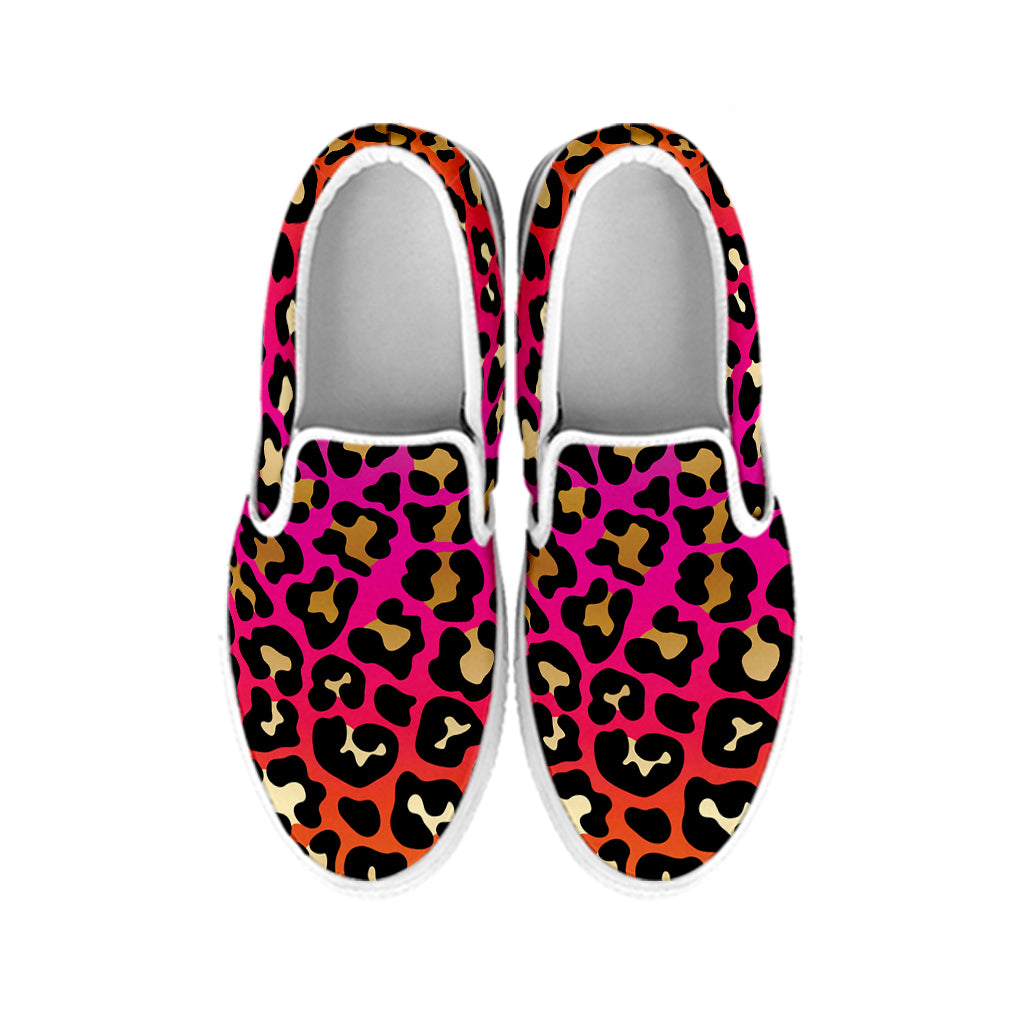 Orange And Purple Leopard Print White Slip On Shoes