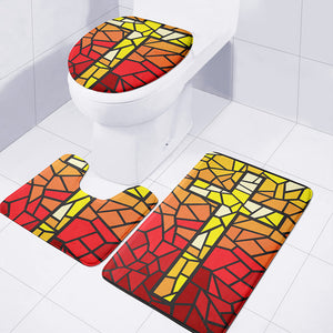 Orange And Red Stained Glass Cross Print 3 Piece Bath Mat Set