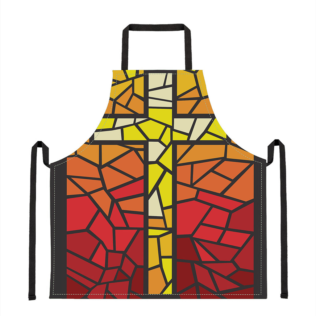 Orange And Red Stained Glass Cross Print Apron