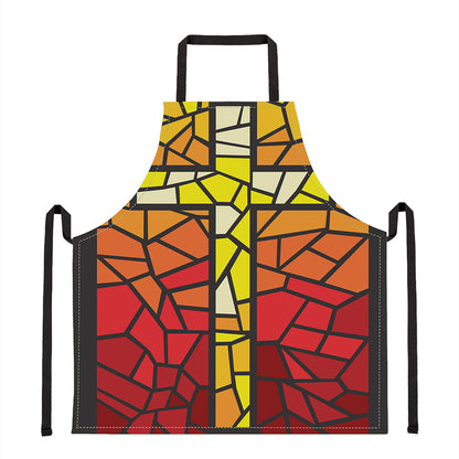 Orange And Red Stained Glass Cross Print Apron