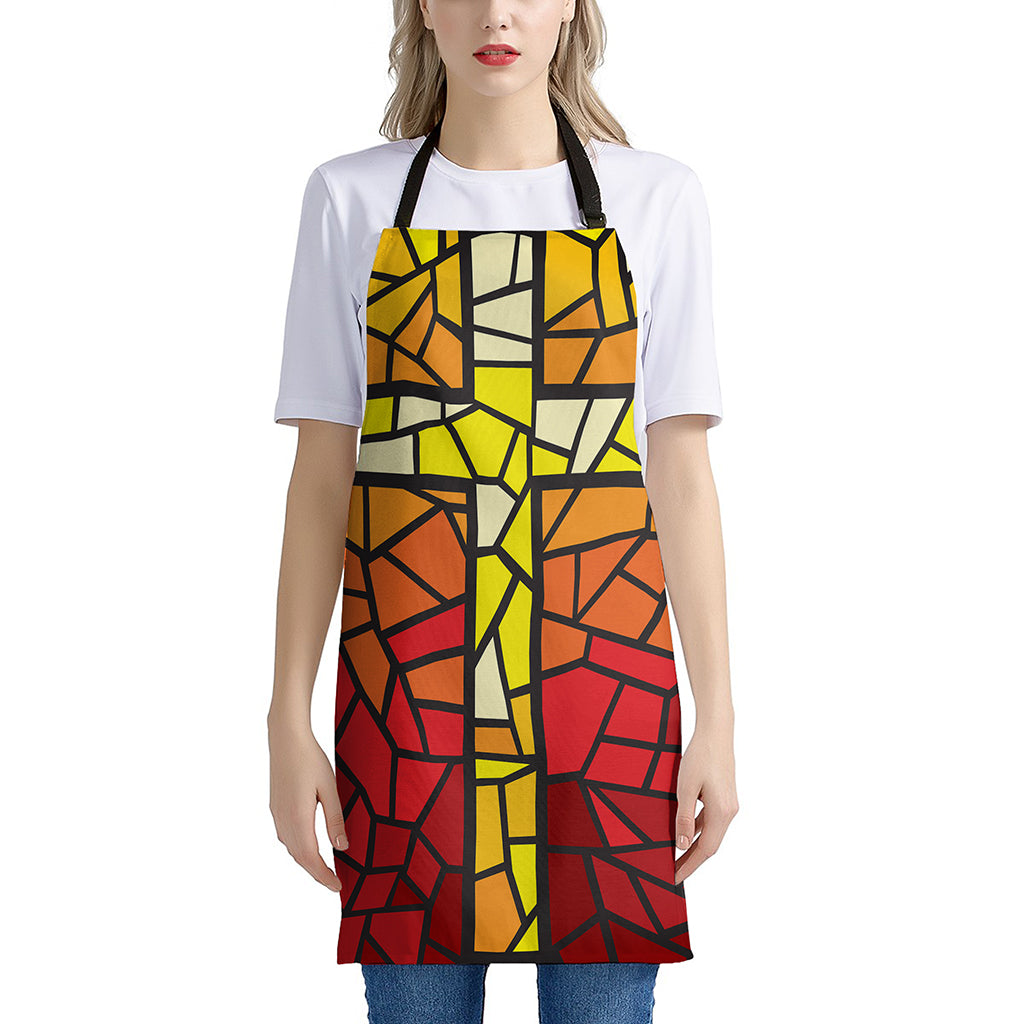 Orange And Red Stained Glass Cross Print Apron