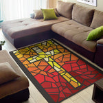 Orange And Red Stained Glass Cross Print Area Rug