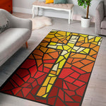 Orange And Red Stained Glass Cross Print Area Rug