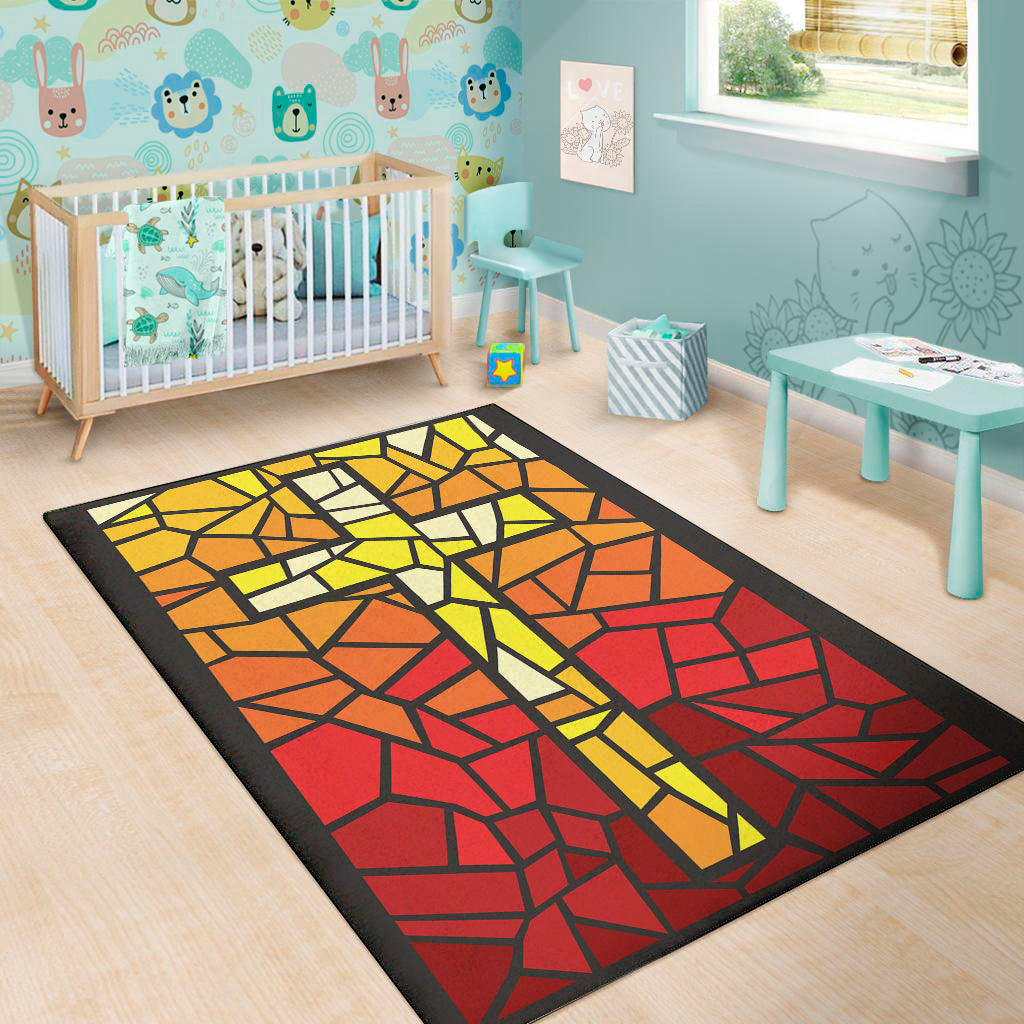 Orange And Red Stained Glass Cross Print Area Rug