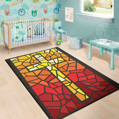 Orange And Red Stained Glass Cross Print Area Rug