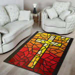 Orange And Red Stained Glass Cross Print Area Rug