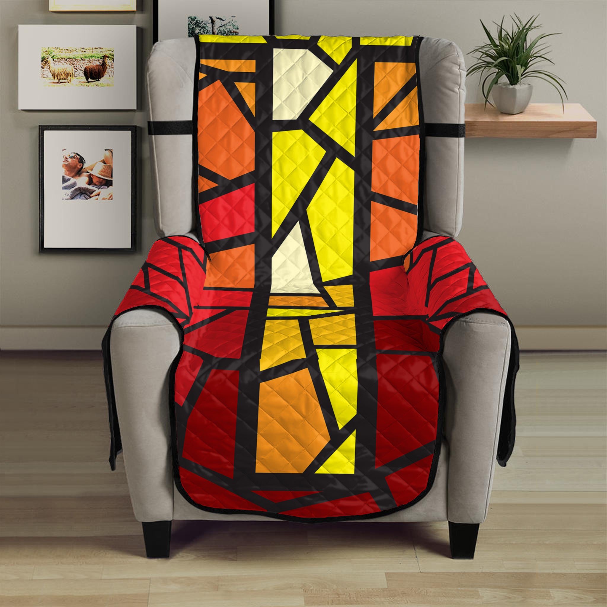 Orange And Red Stained Glass Cross Print Armchair Protector