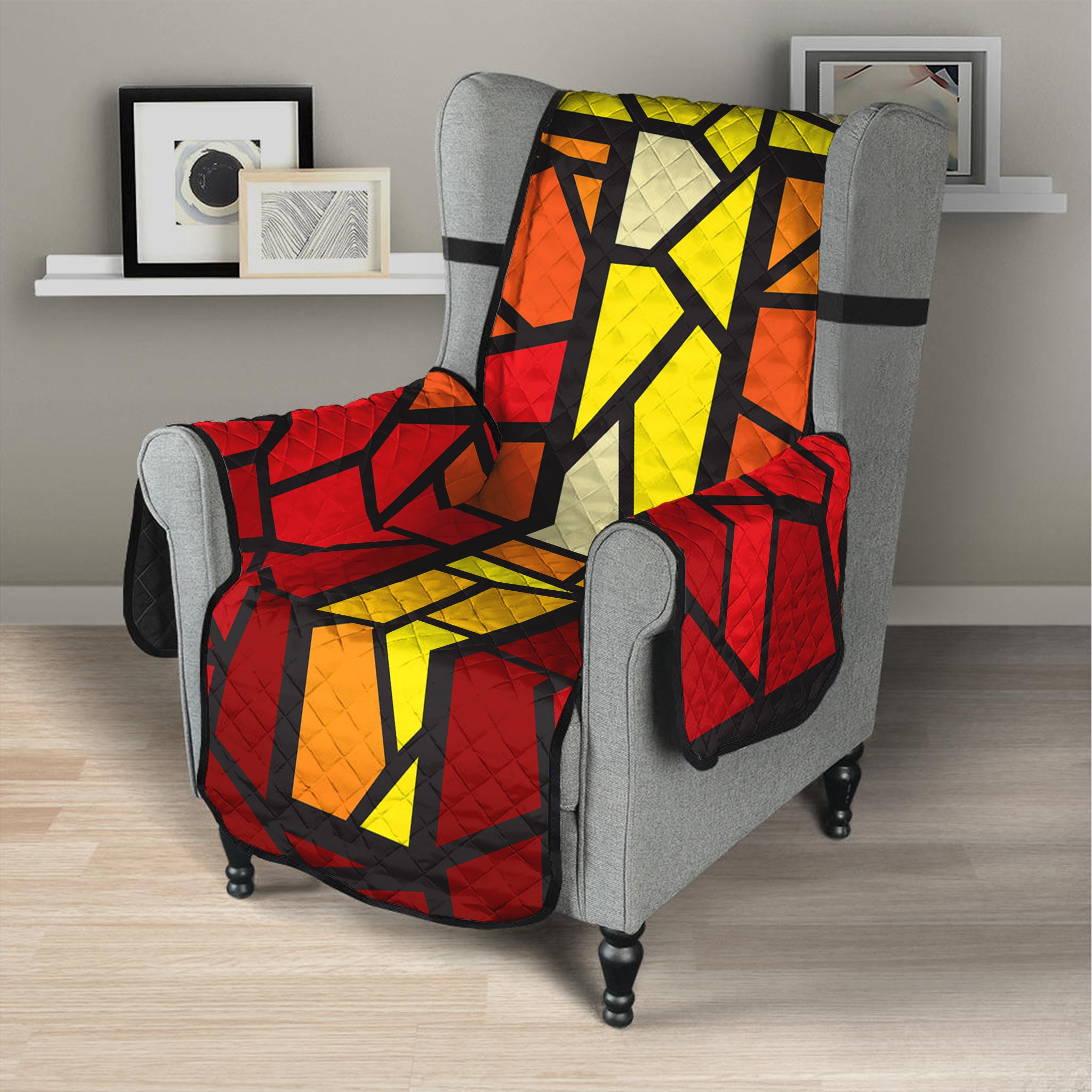 Orange And Red Stained Glass Cross Print Armchair Protector