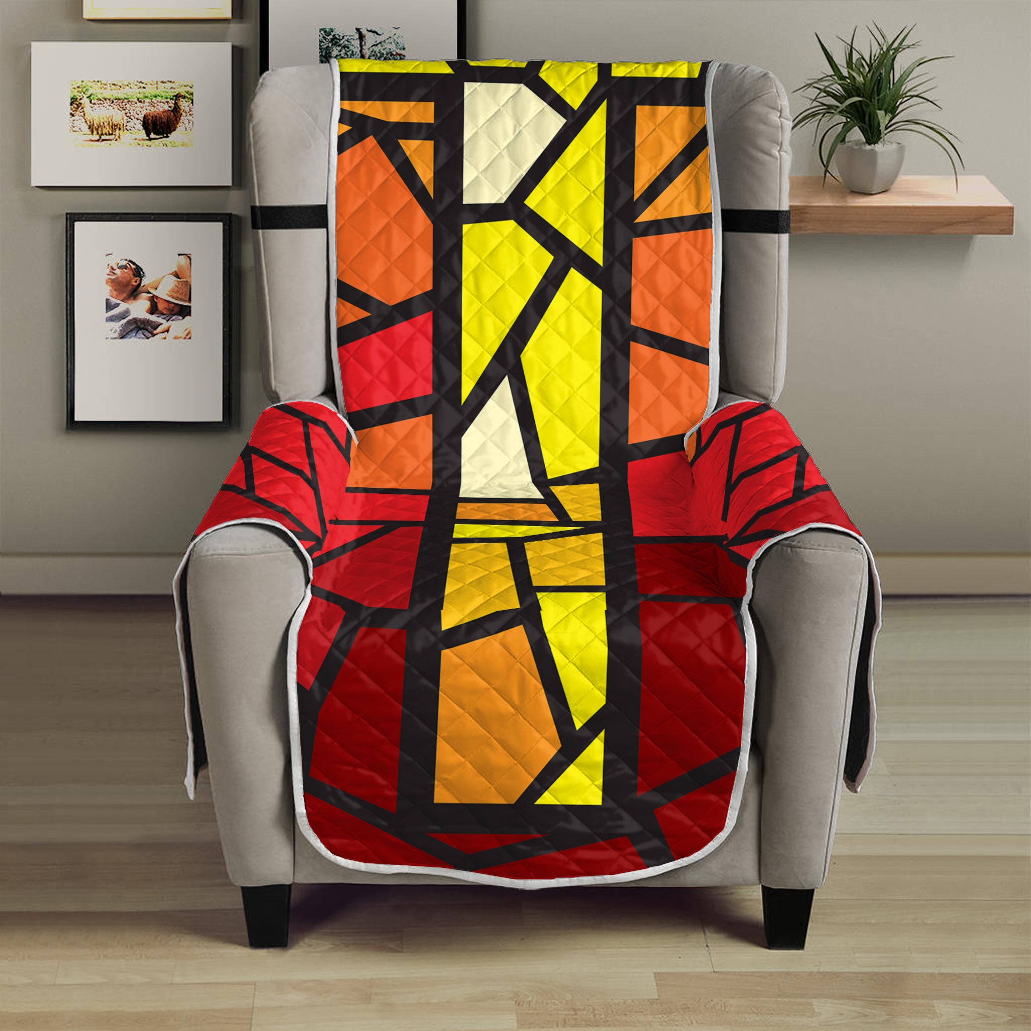 Orange And Red Stained Glass Cross Print Armchair Protector