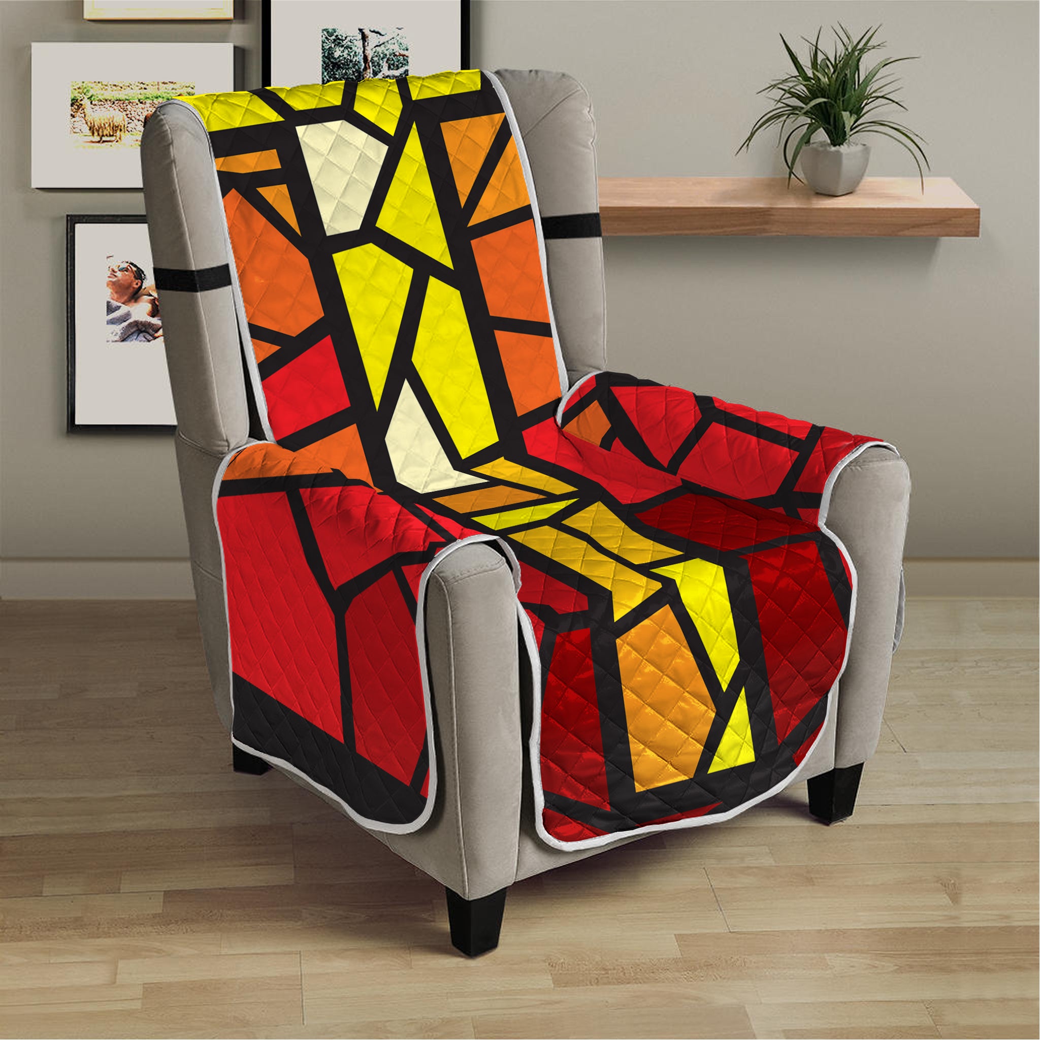 Orange And Red Stained Glass Cross Print Armchair Protector