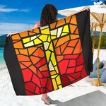 Orange And Red Stained Glass Cross Print Beach Sarong Wrap
