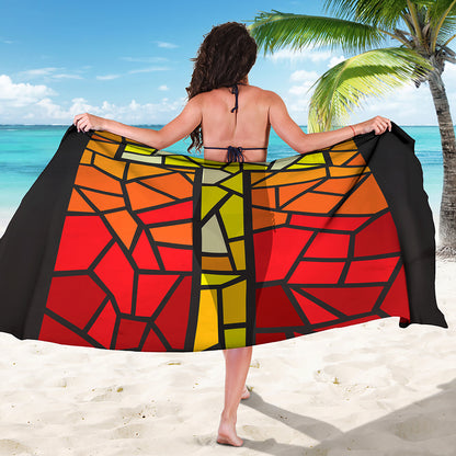 Orange And Red Stained Glass Cross Print Beach Sarong Wrap