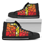 Orange And Red Stained Glass Cross Print Black High Top Shoes