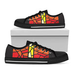 Orange And Red Stained Glass Cross Print Black Low Top Shoes 