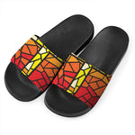 Orange And Red Stained Glass Cross Print Black Slide Sandals