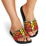 Orange And Red Stained Glass Cross Print Black Slide Sandals