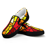 Orange And Red Stained Glass Cross Print Black Slip On Shoes